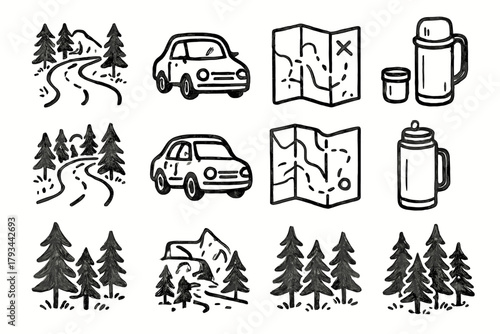 Trip coffee map car icon road pine vector forest thermos scene