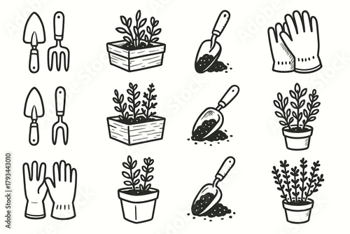 Potting garden scoop ink icon pencil vector herbs tools gloves soil icons
