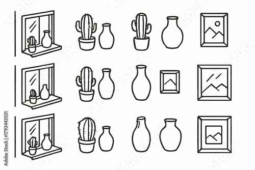 Set minimalist framed garden pencil icon cactus ceramic setup vector picture vase