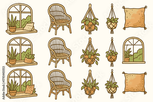 Plant icons view minimal rattan icon boho garden vector chair macrame hanger