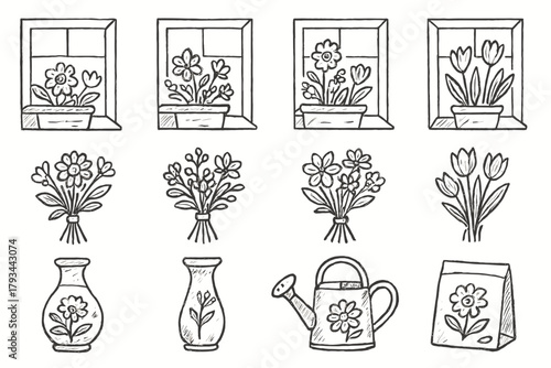 Can bouquet icon floral vase vector packet set watering view garden seeds