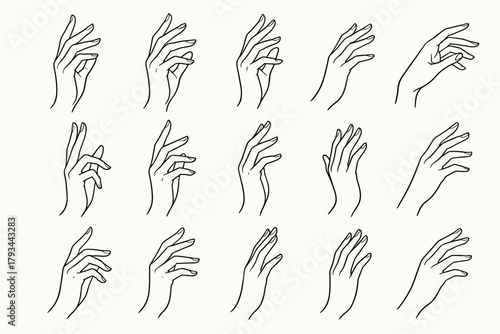 Feminine graceful reaching pose icons vector motion curve icon hands soft