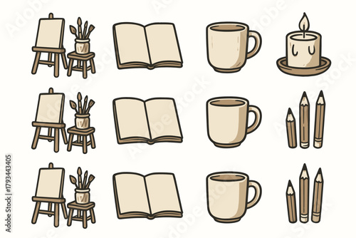 Candle vector home icon mug artist setup icons art cozy open sketchbook