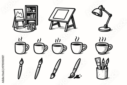 Corner table creative cup vector lamp drawing tea brushes icons icon