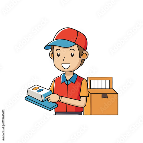 Delivery man scanning package barcode before shipment