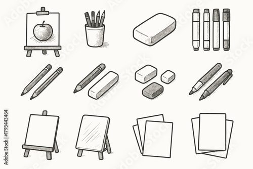 Vector erasers practice sheets icons supplies sketch paper markers icon setup art