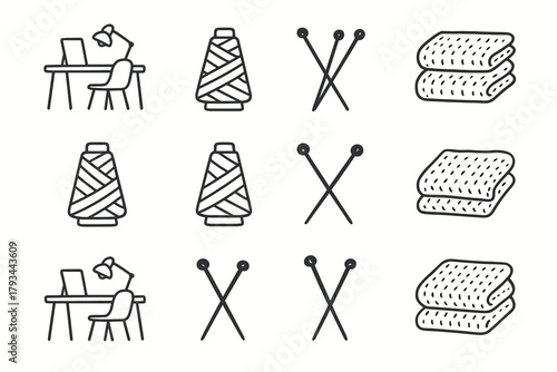 Cone setup knitting minimalist vector set yarn work icon folded needles