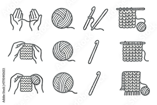 Scarf ink hook knitting handmade process icon yarn vector ball crochet set