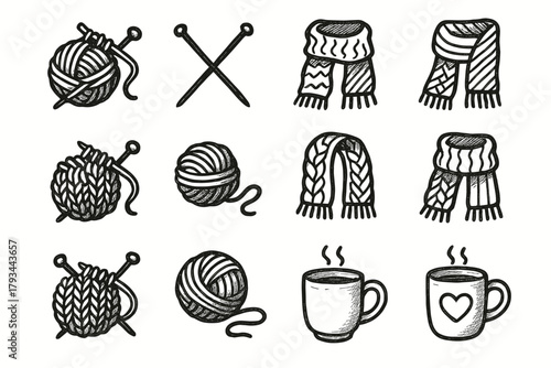 Cup scarf vector knitting handmade drawing icon needles progress project set pencil