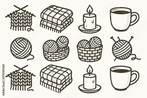 Evening mug candle icons knitting icon blanket cozy yarn basket collection vector