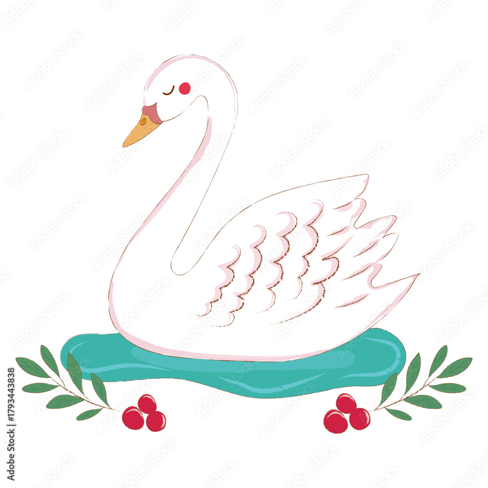 Obraz premium Charming hand drawn swan floating on water with green leaves and red berries. Perfect for greeting cards, nursery decor, or seasonal designs. Vector