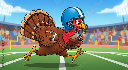 Cartoon turkey running with a football and helmet on a field. Concept representing Thanksgiving and American football celebration or holiday