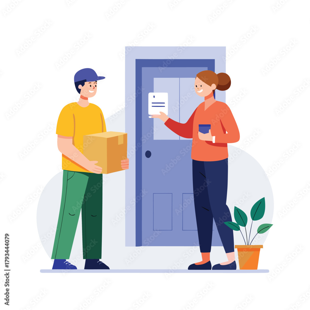 Obraz premium Courier handing package to customer at home door