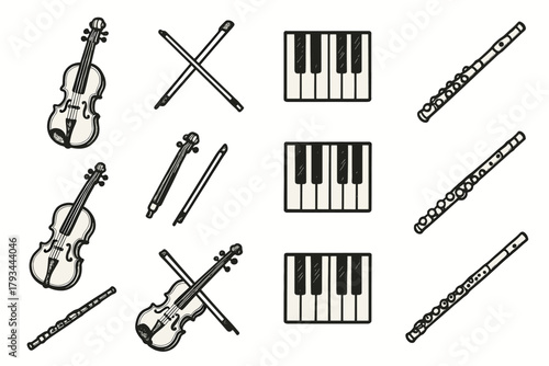 Collection classic piano icon vector keys music violin flute icons instruments