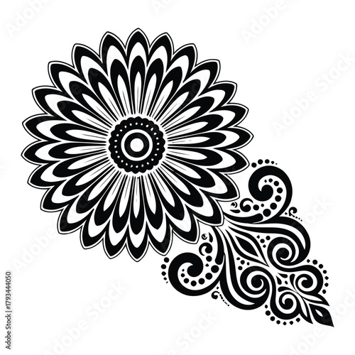 Black and white abstract floral motif with swirling decorative elements vector