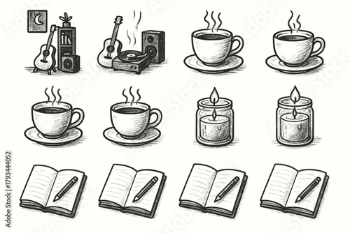 Sketch candle room cup music vinyl mood evening icon notebook creative vector