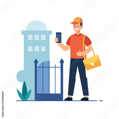 Courier holding delivery bag and smartphone near house gate