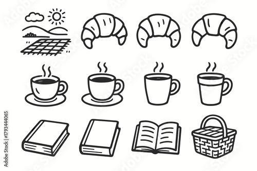 Cup handdrawn weekend croissant coffee vector basket scene set picnic book icon