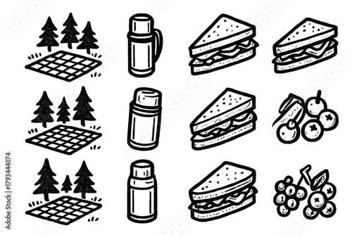 Berries creative outline vector set icons sandwiches icon thermos picnic forest handdrawn