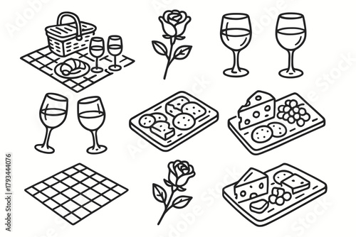 Roses cheese lunch collection vector glasses icon picnic romantic wine board setup
