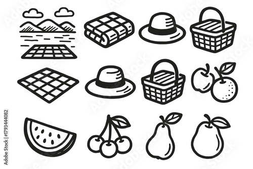 Vector folded hat set icon fruit basket view lake moment picnic blanket