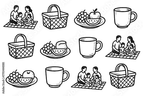 Moment picnic set icon basket vector artistic family fruit plate cup