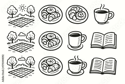 Book cup icon afternoon open vector sketch set garden plate icons picnic