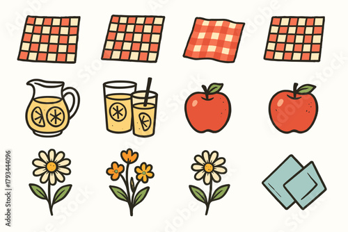 Pencil apple napkin picnic icon summer vibe icons lemonade doodle vector flowers