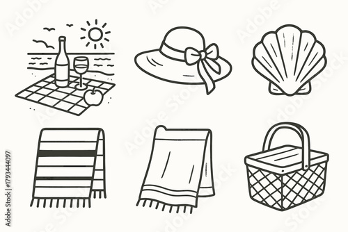 Picnic hat coastal vector sun icons seashell basket icon handdrawn towel