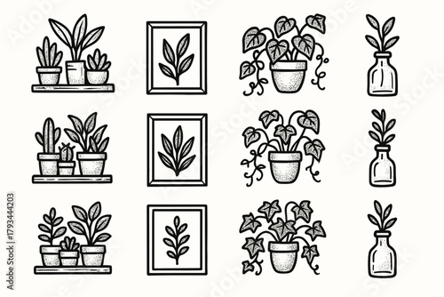 Botanical icons vector glass framed bottle icon shelf plant ivy pot decor