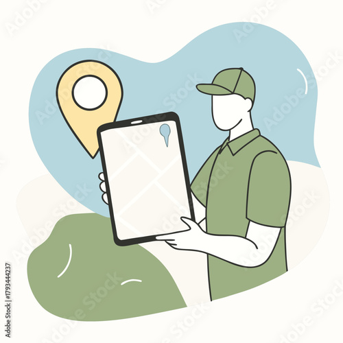 Flat vector of courier checking address on GPS-enabled smartphone