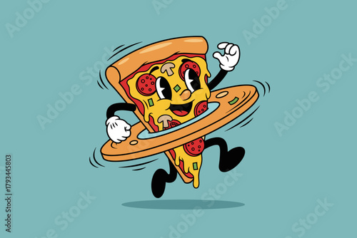 Playful Pizza Slice Character with Hula Hoop Cartoon Illustratio