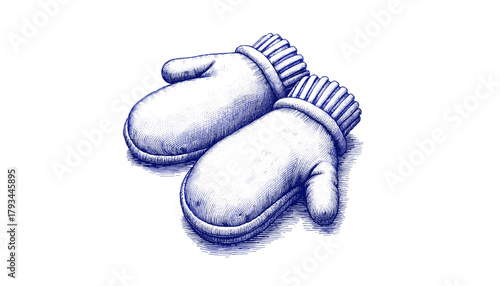Vintage sketch of fleece mittens in blue ink on white background  