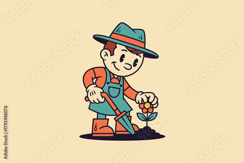 Happy Cartoon Gardener Planting Flower with Shovel in Retro Styl