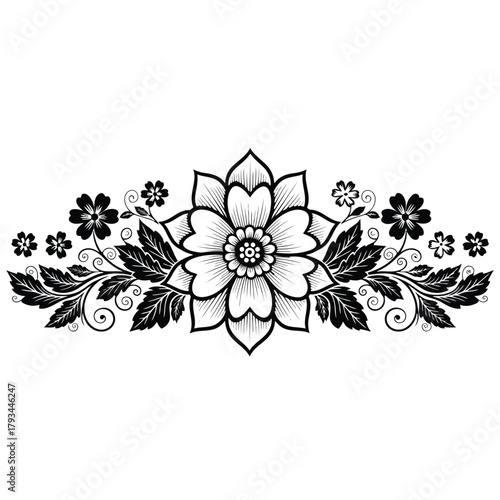 Black and white floral ornament with swirling leaves and detailed petals vector
