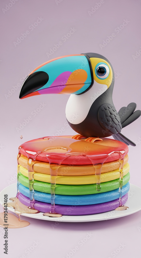 Naklejka premium Stylized toucan bird atop stack of colorful pancake rounds with drizzled syrup, representing tasty treat, breakfast, and whimsical food concept