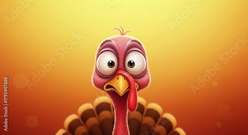 Illustration of a cartoon turkey with big eyes on a gradient orange background, representing Thanksgiving holiday and festive mood for celebration