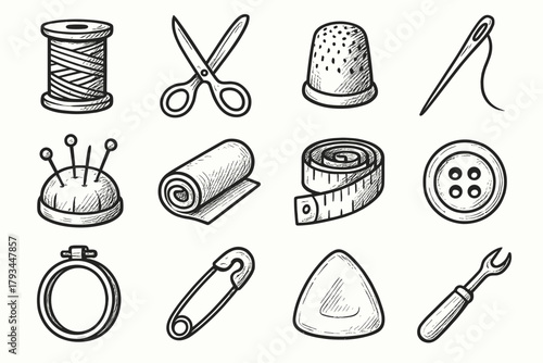 Pin icon tools measuring scissors vector sewing fabric thimble thread icons seam