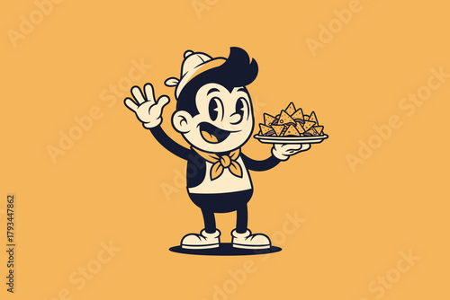 Retro Cartoon Character Serving Nachos with a Friendly Wave.