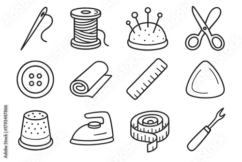 Vector ruler tool icons button measure roll sewing iron fabric thimble icon