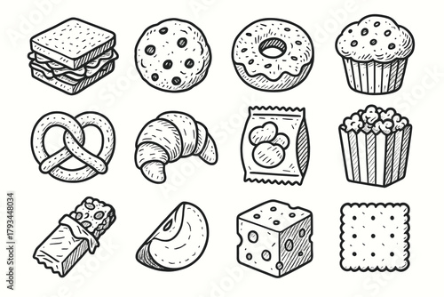 Cookie bag slice donut time icons snack granola vector icon cheese box