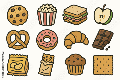 Croissant vector granola sandwich donut bar apple snack icon chips set cracker