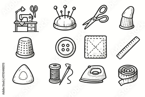 Icon thread ruler vector needle measure tape sewing thimble icons tools cushion