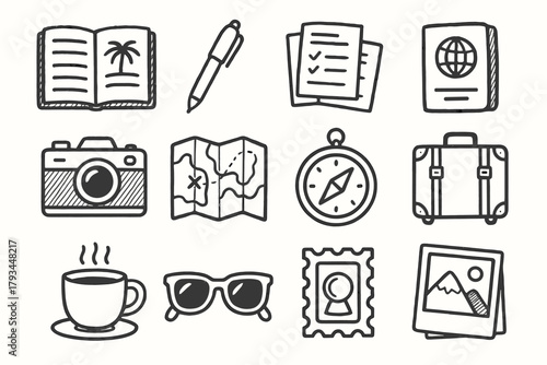 Travel photo map compass sunglasses diary cup vector journal passport icons icon