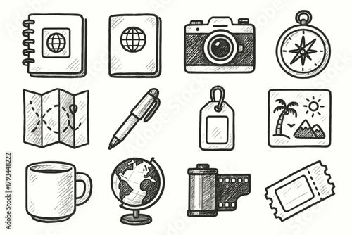 Sticker icon vector stub folded mug set coffee sketchbook travel pen
