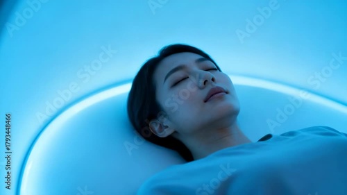 Serene Woman Resting in Futuristic Blue-Lit Pod