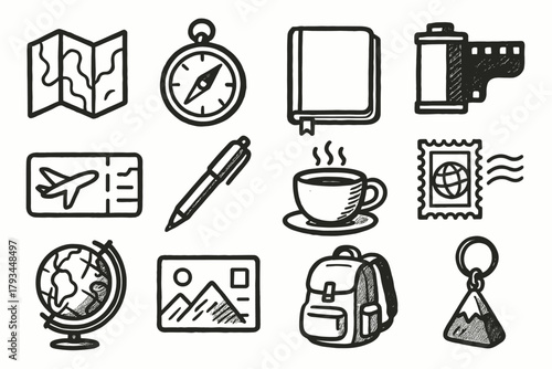 Keychain airplane backpack map postcard compass icons collection vector photo cup icon