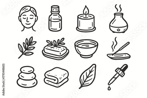 Diffuser smoke soap bottle icon set candle dropper items aromatherapy tranquil vector