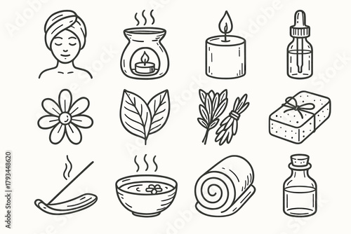 Water soap towel icons dropper wellness diffuser collection candle aromatherapy icon vector