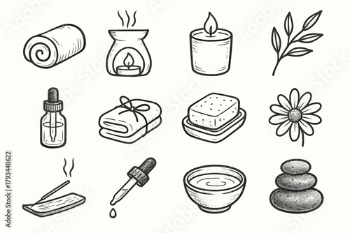 Oil dropper diffuser aromatherapy bowl bottle soap icon herbal vector set essential